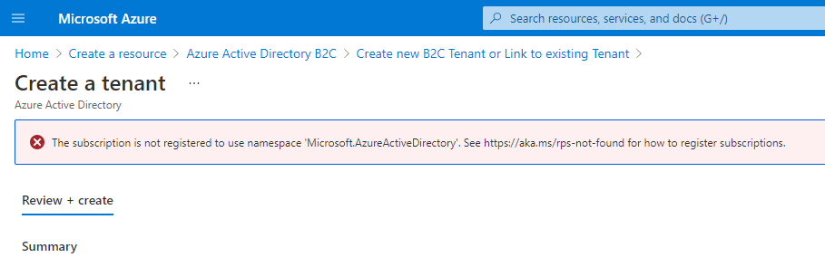 The subscription is not registered to use namespace Microsoft.AzureActiveDirectory